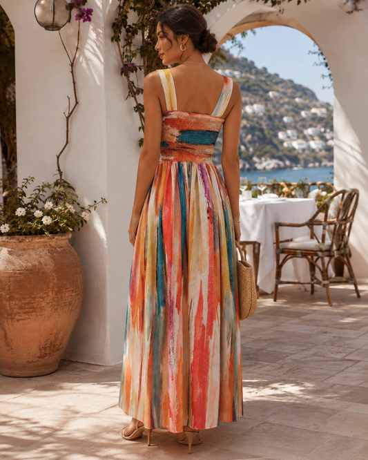 Soleil Multicolor Painterly-Stripe Corset Maxi Dress