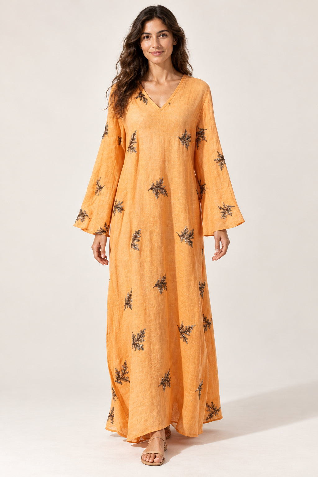 Aurora orange embroidered maxi dress on a model, front view