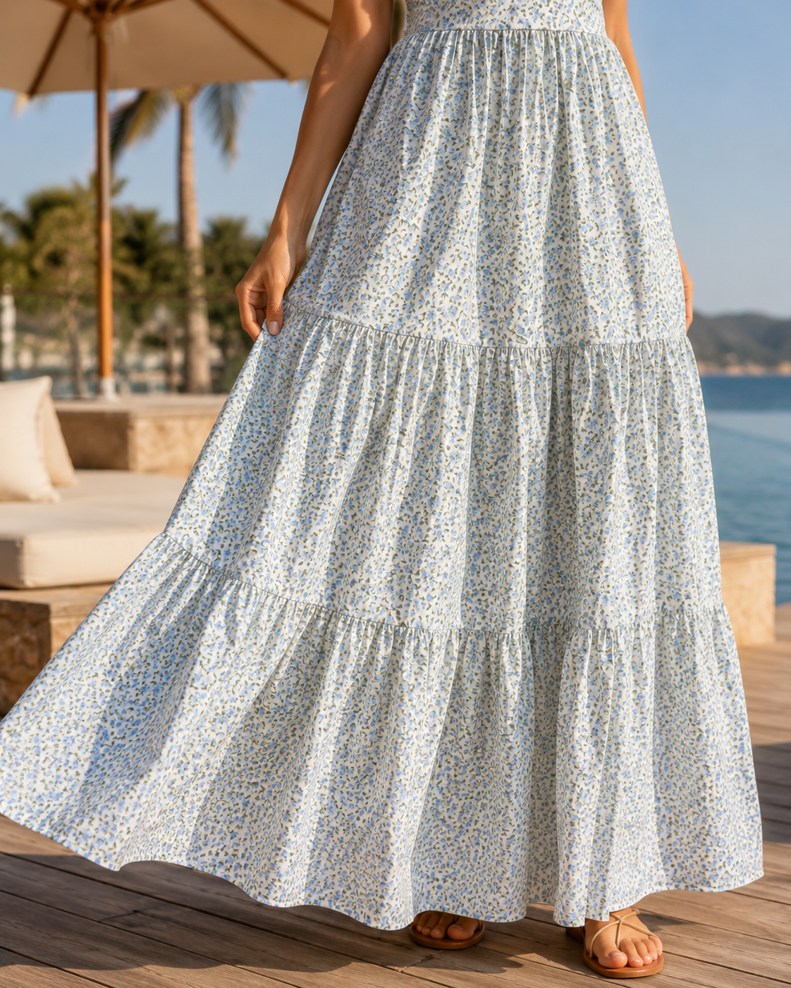 Celeste Blue Floral Ruffle-Strap Maxi Dress