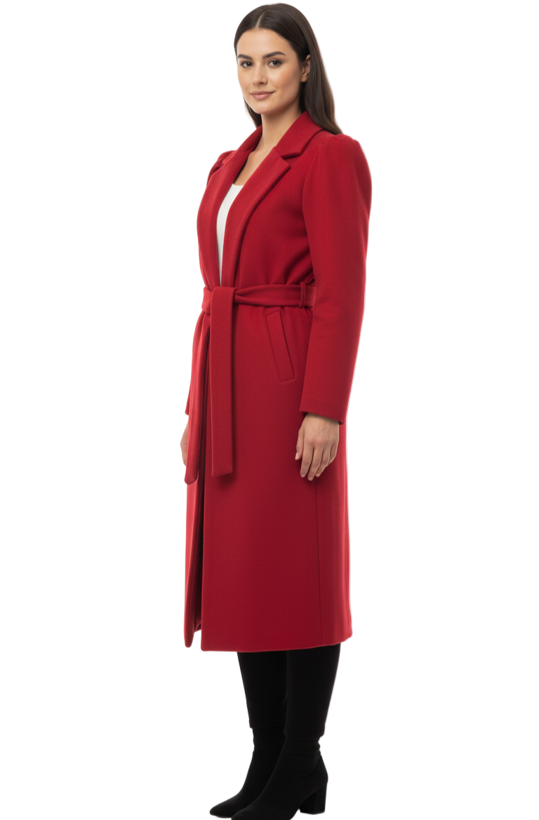 Woman wearing a red coat on a white background