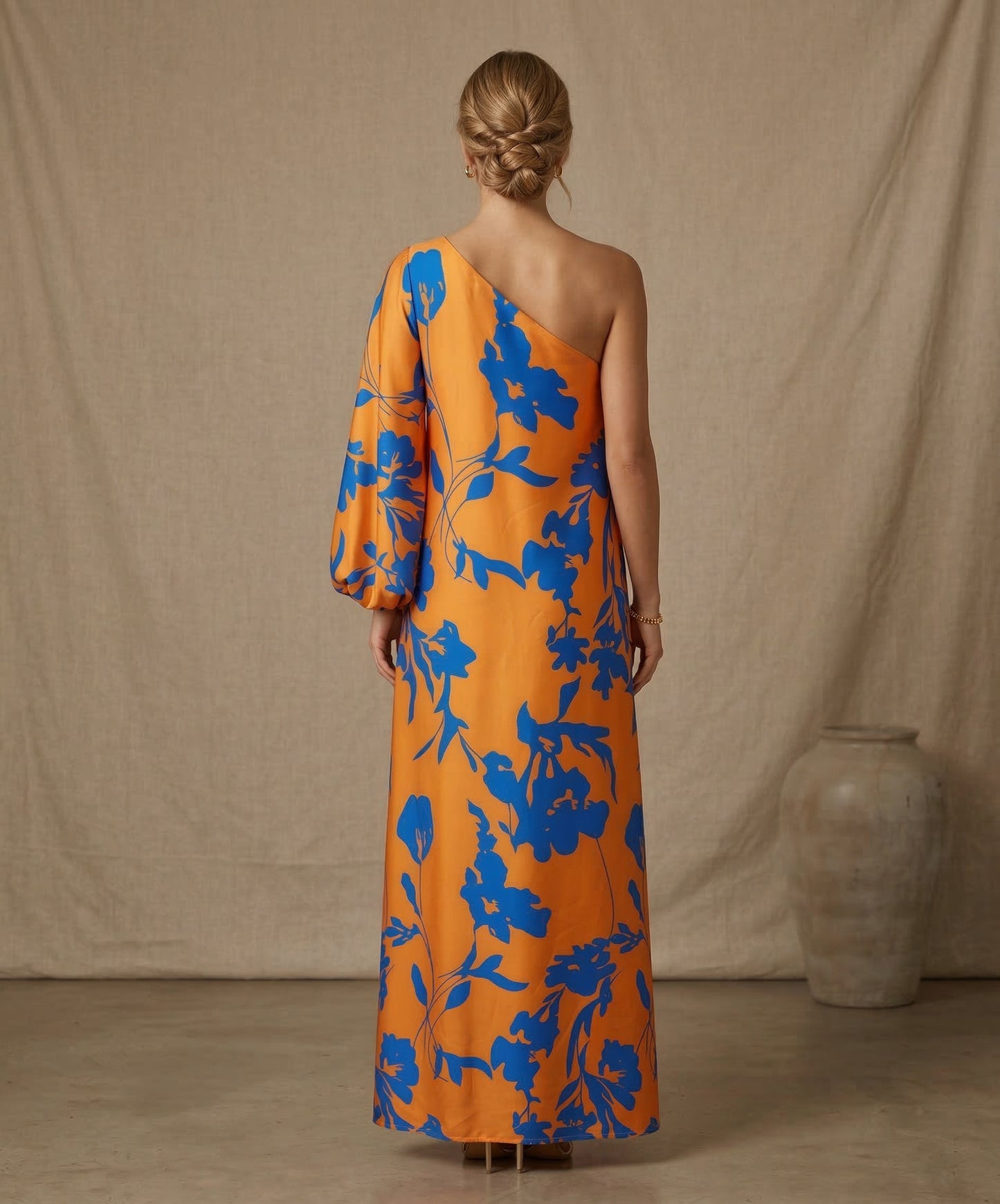 Tangerine & Cobalt One-Shoulder Gown