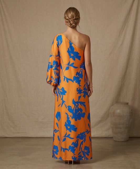 Tangerine & Cobalt One-Shoulder Gown