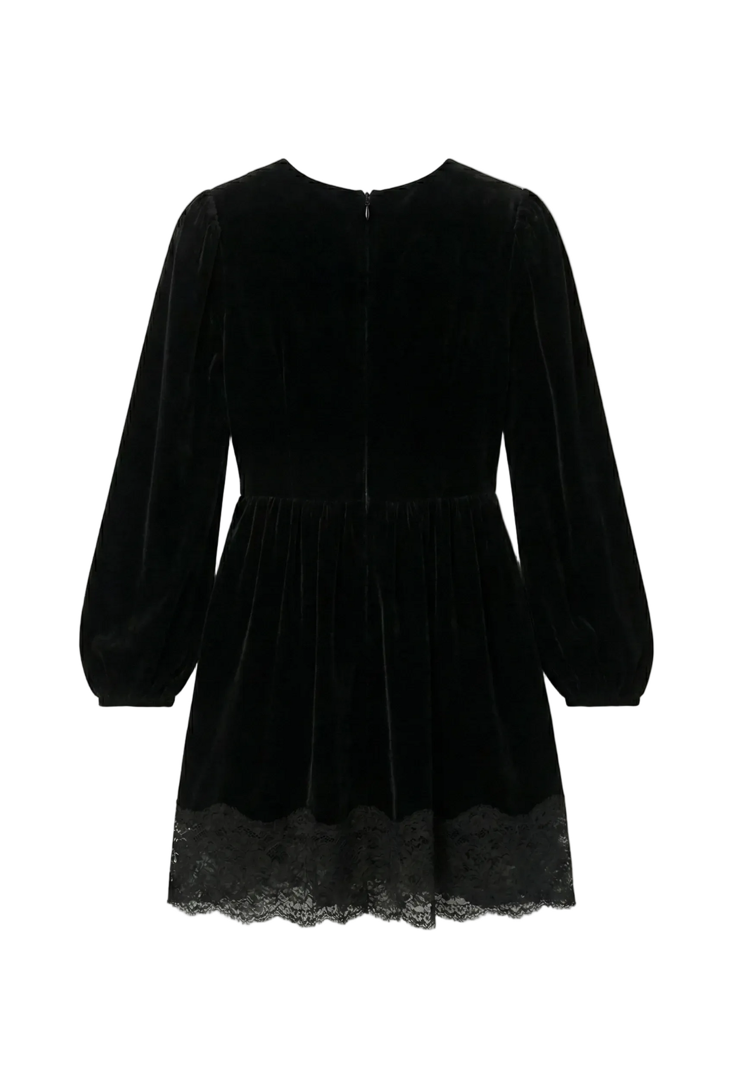 Black velvet dress with lace hem on a white background