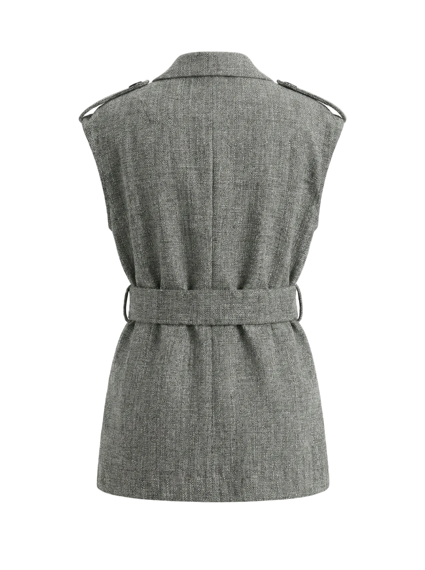 Gray sleeveless trench coat on a white background