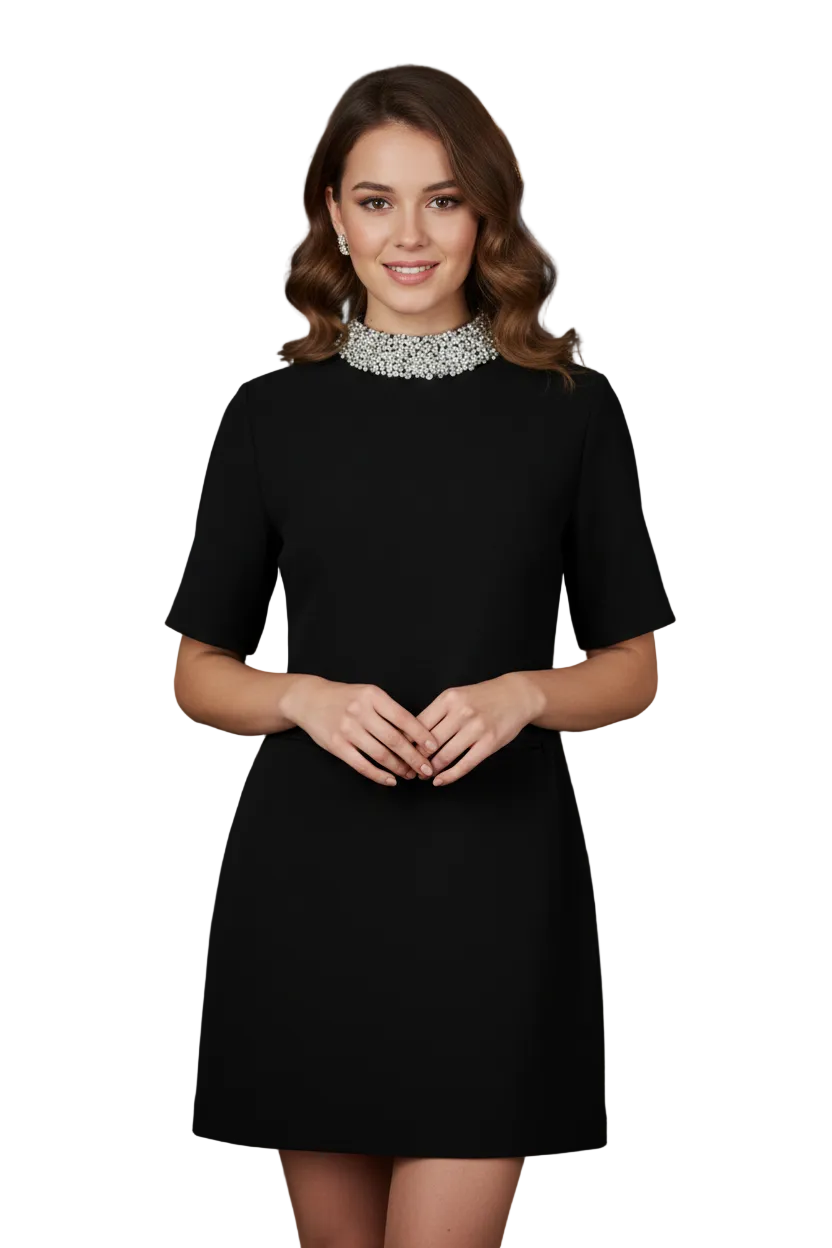 Woman wearing a black dress with a silver necklace in an indoor setting