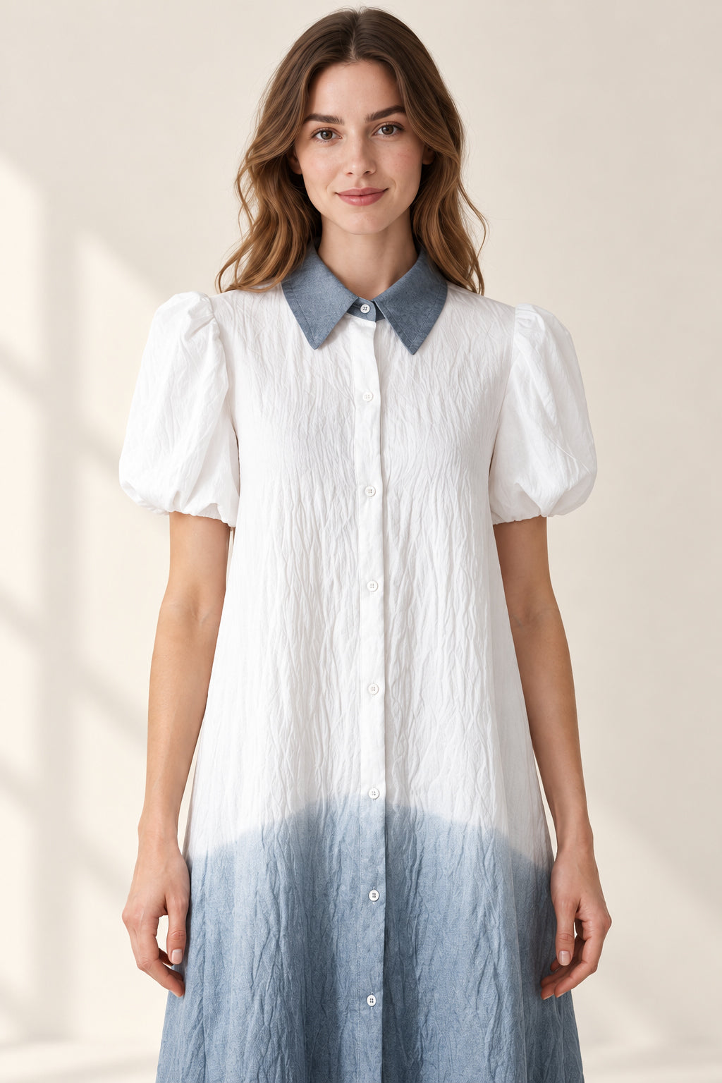Grey Sunshine maxi shirt dress on the same model, collar and sleeve detail