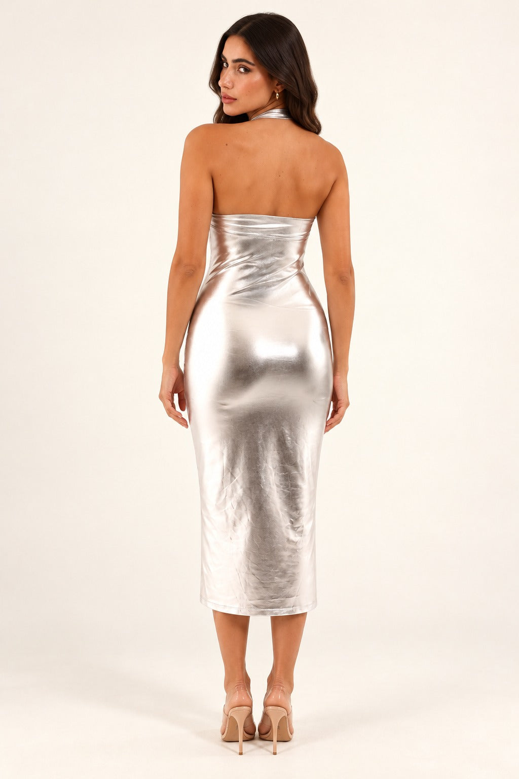 Lunar Luxe silver metallic halter midi dress on the same model, back view