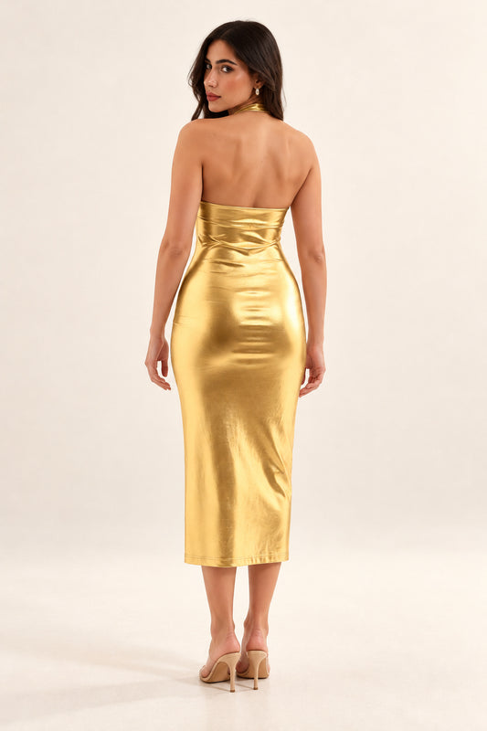 Lunar Luxe gold metallic halter midi dress on the same model, back view