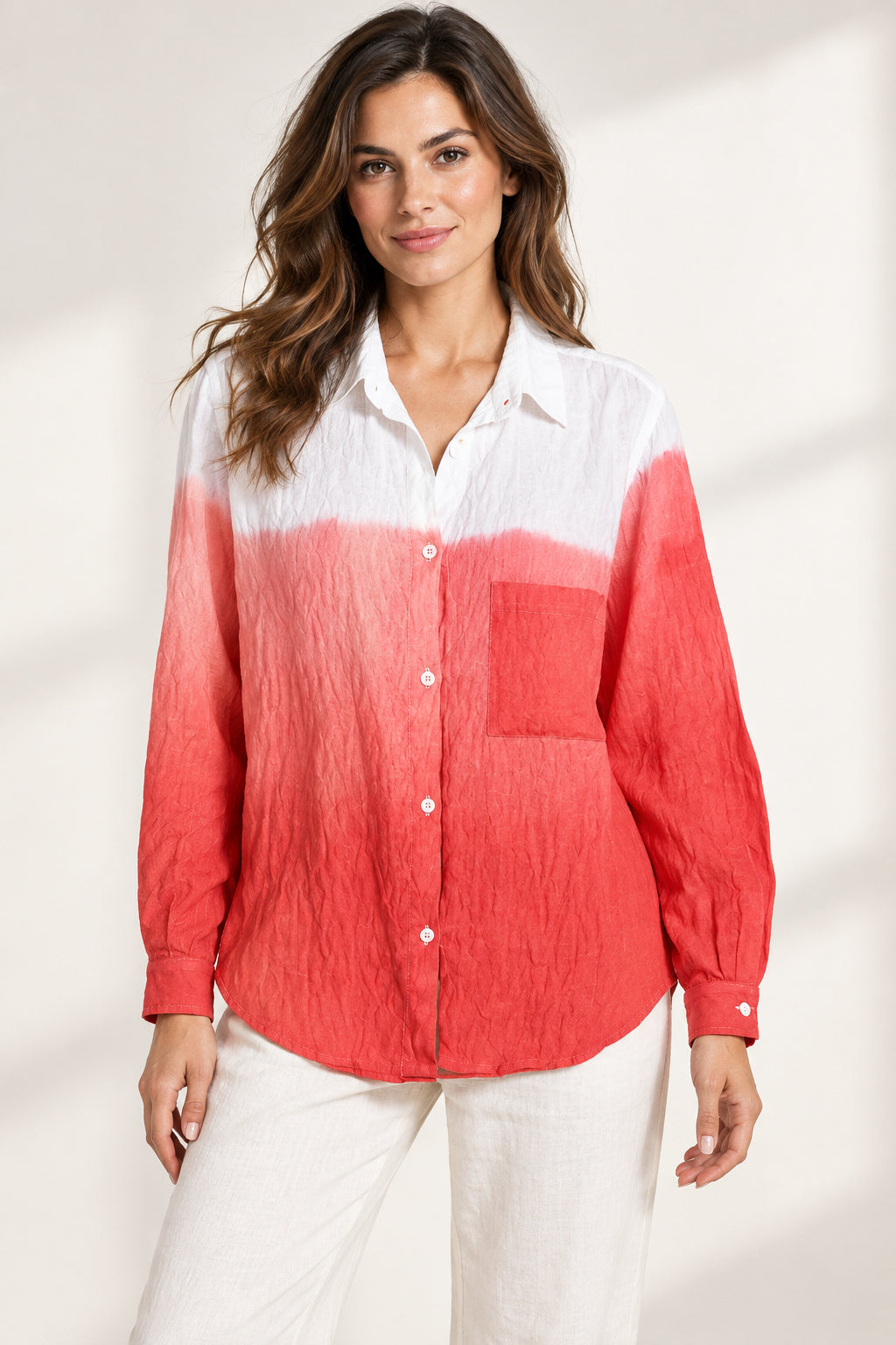 Red and white ombre button-front shirt on a model, front view