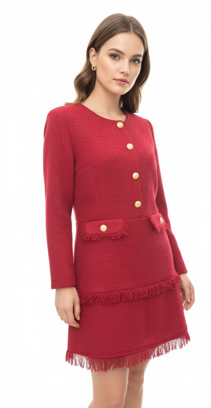 Red dress with white buttons on a white background