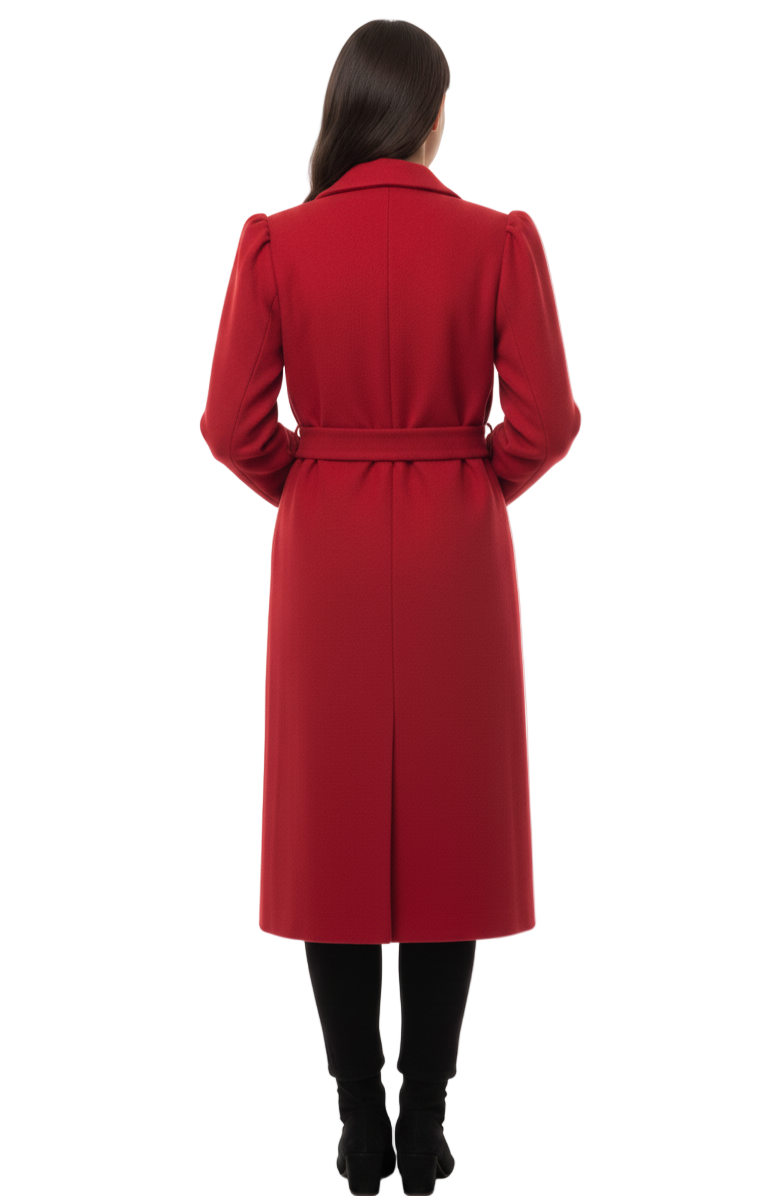 Woman wearing a red coat on a white background