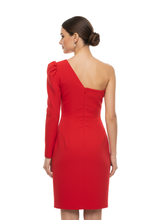 Red one-shoulder dress worn by a model on a white background