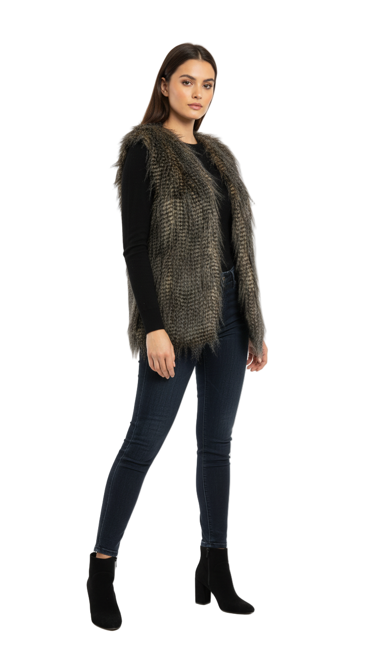 Woman wearing a dark brown textured scarf with a white background