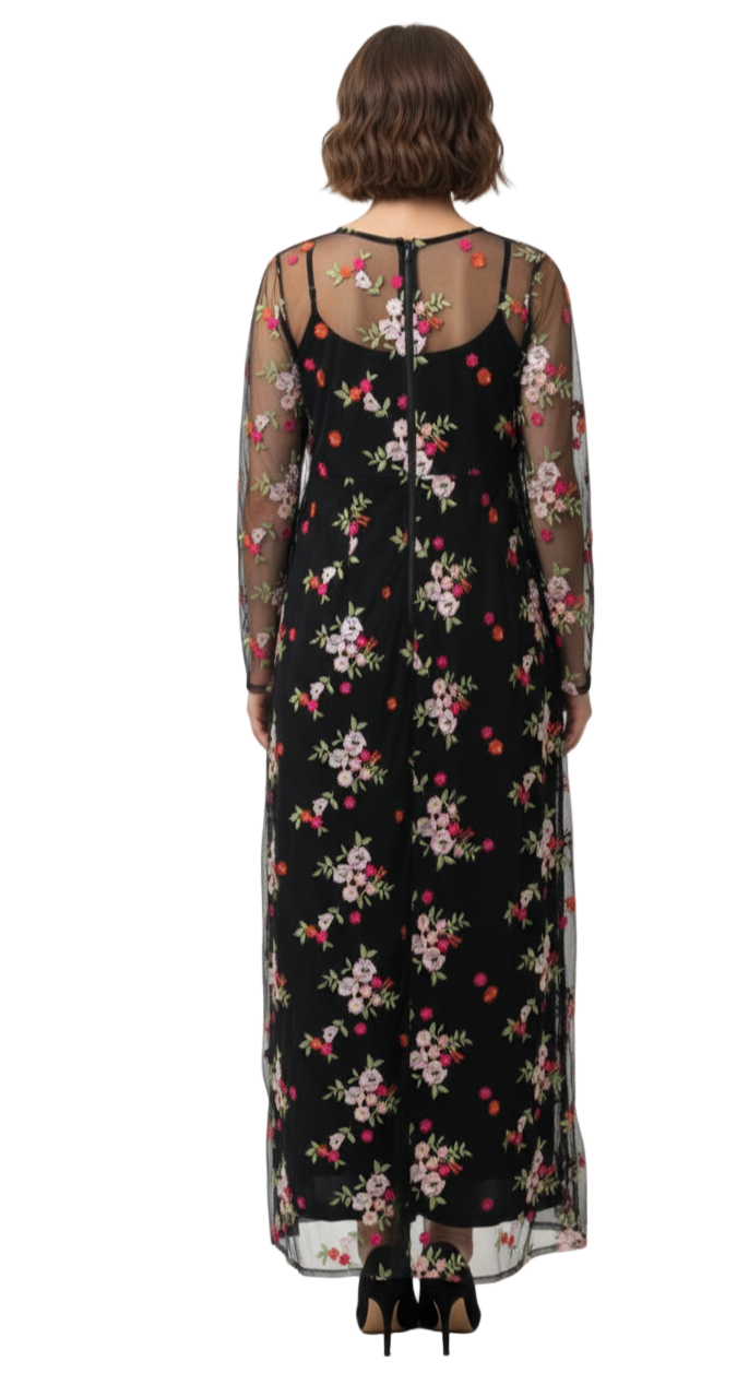 Black floral long dress worn by a model on a white background