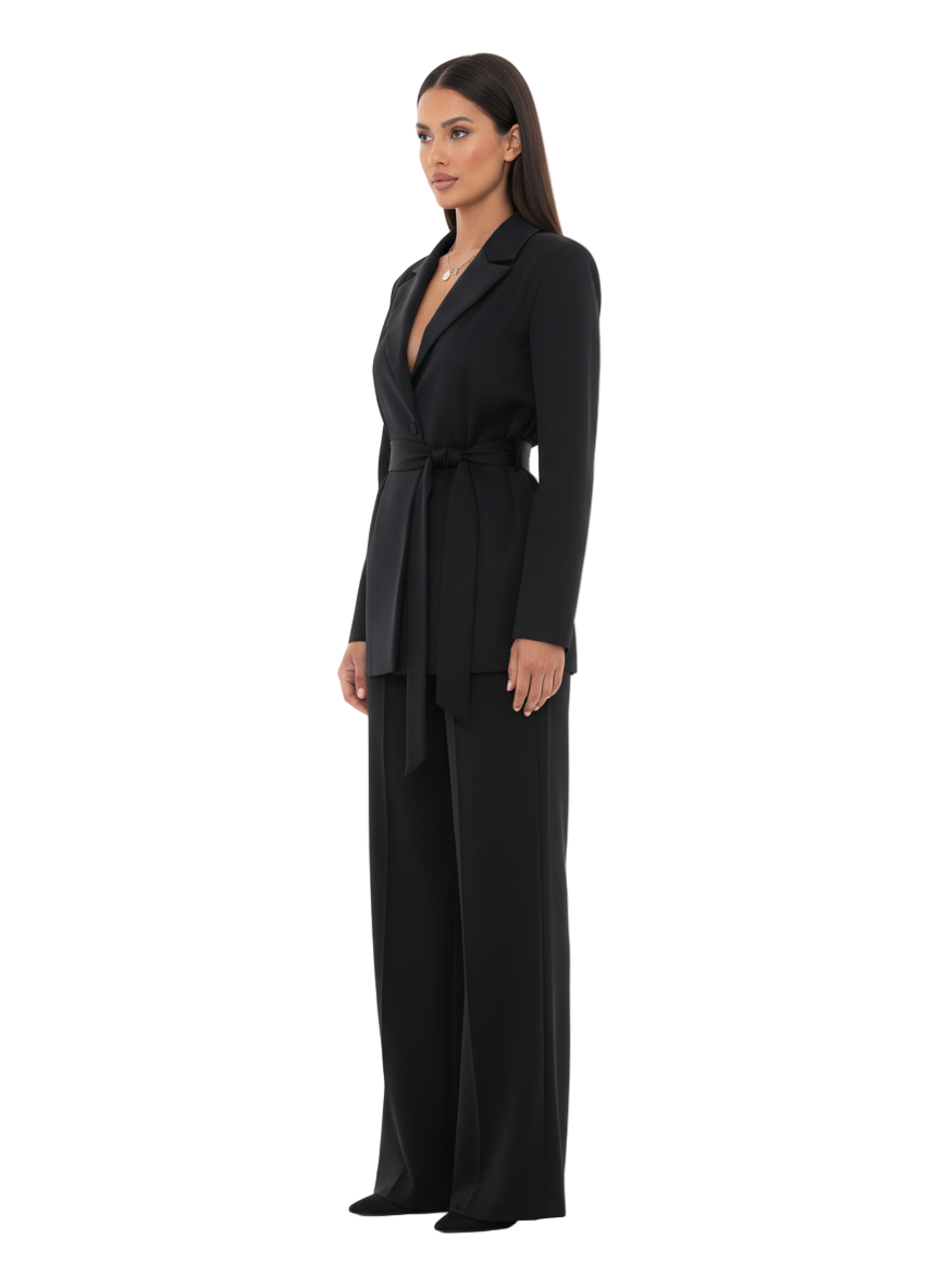 Woman wearing a black suit with a belt on a white background
