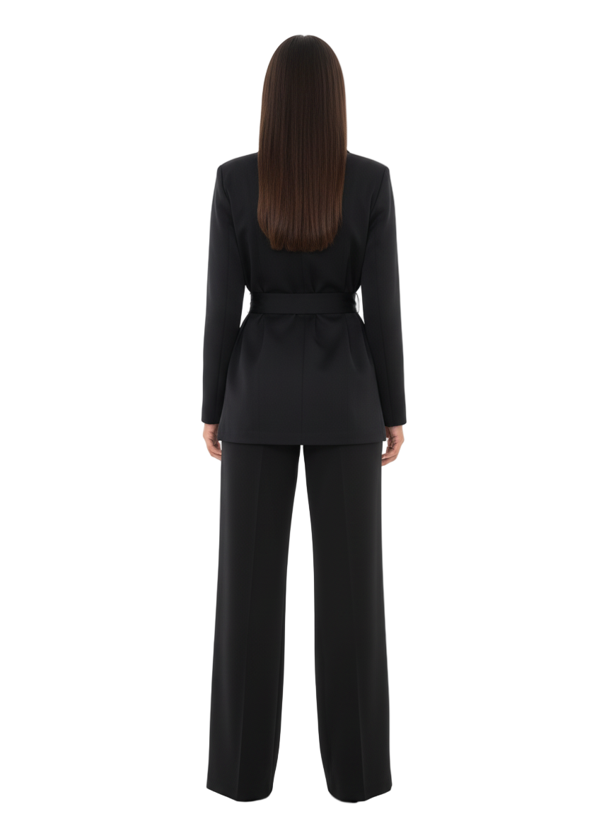 Person wearing a black suit on a white background