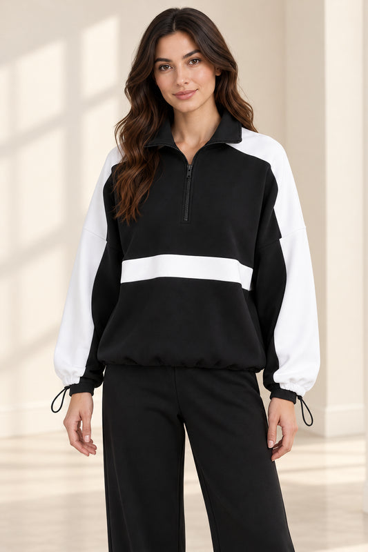 FD Basics black-and-white Contrast Half-Zip Two-Piece Set, model front detail
