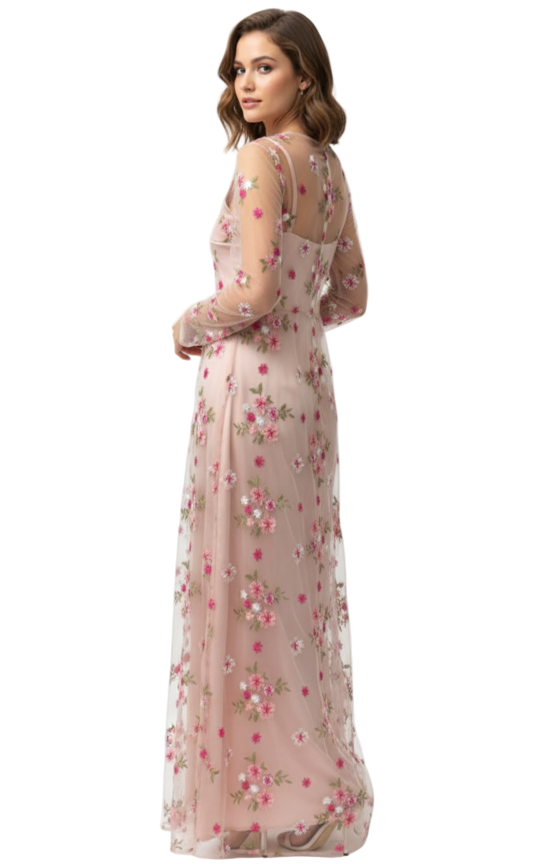Woman wearing a floral evening gown on a white background