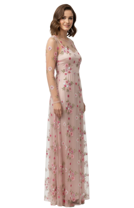 Woman wearing a floral dress on a white background