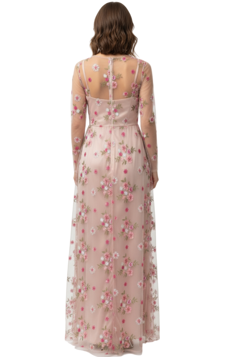 Woman wearing a floral evening gown on a white background
