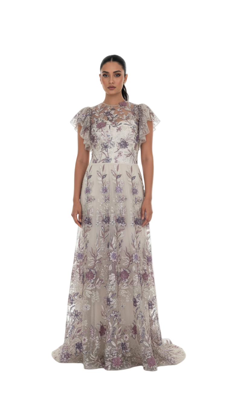 Woman wearing a floral dress on a white background