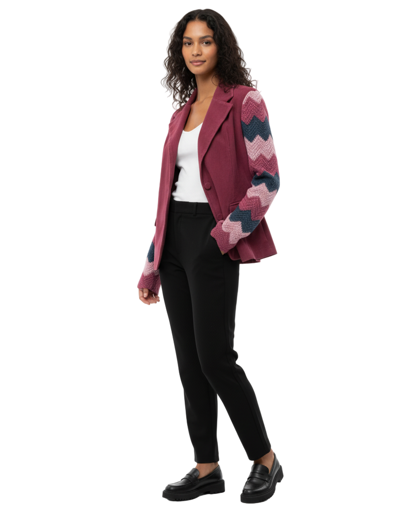 Woman wearing a patterned jacket over a white top and black pants on a white background