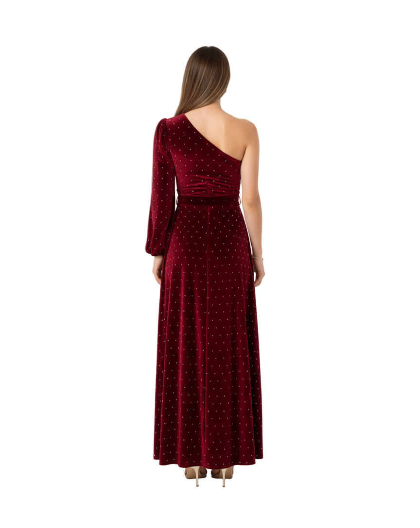 Woman wearing a burgundy one-shoulder dress on a white background