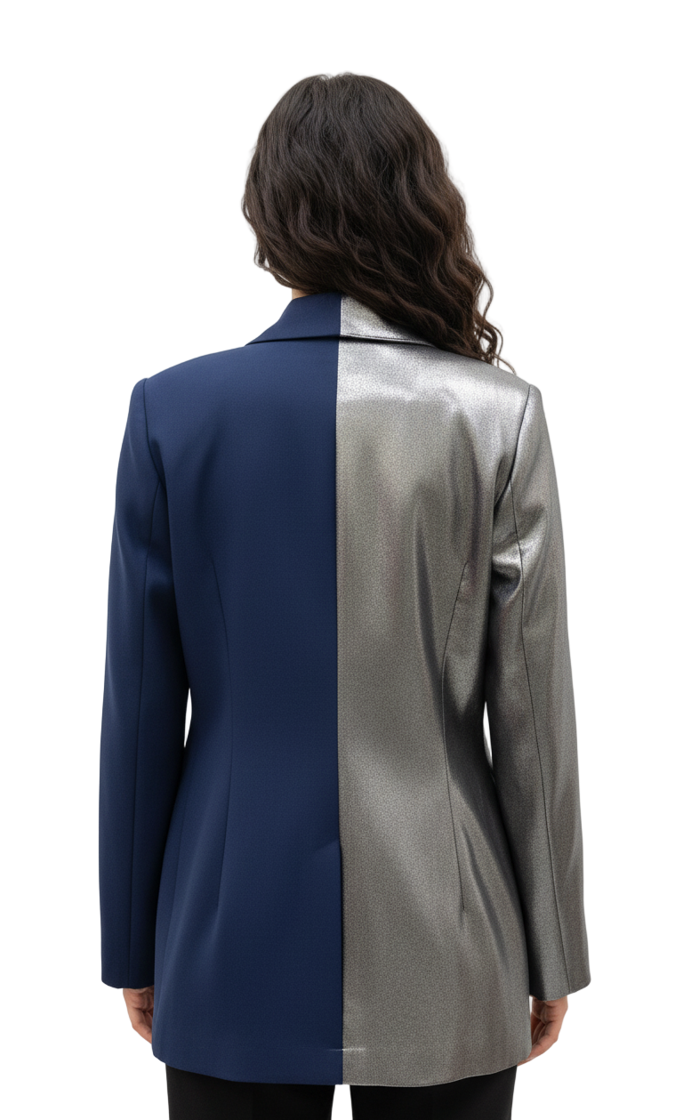 Person wearing a two-tone jacket with blue and silver halves on a white background