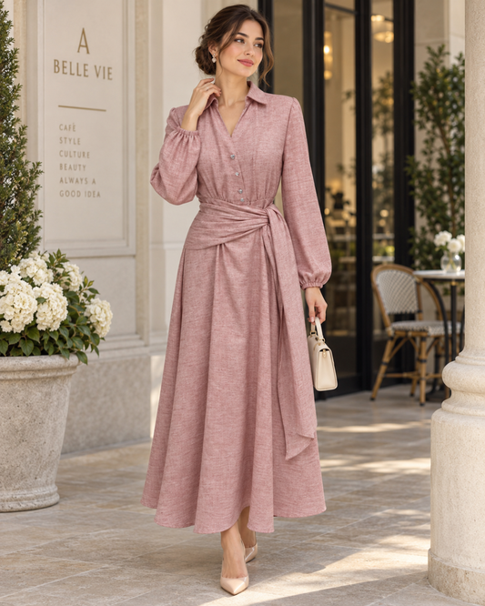 Élise Dusty-Rose Belted Linen Maxi Shirt Dress