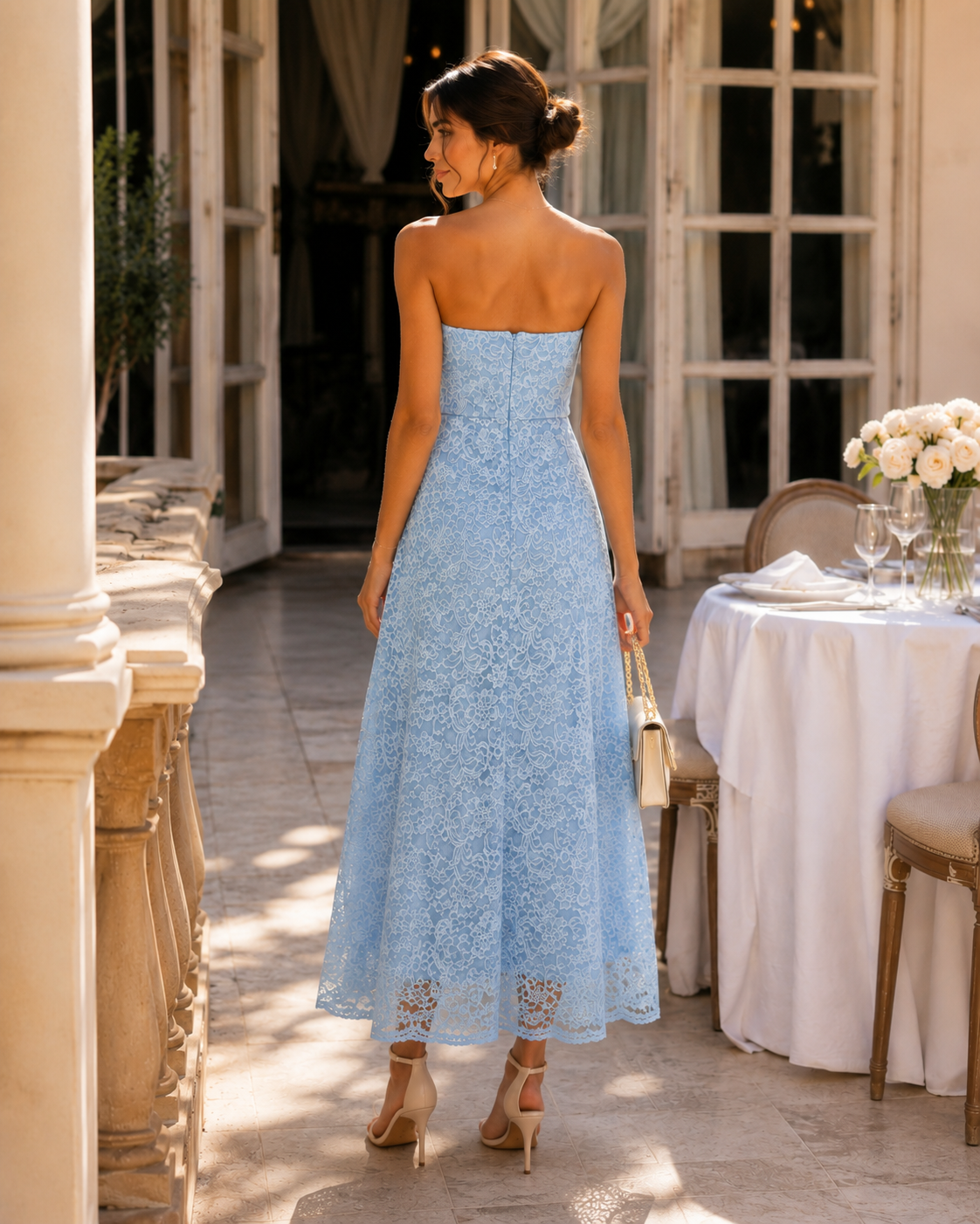 Élodie Sky-Blue Strapless Lace Maxi Dress