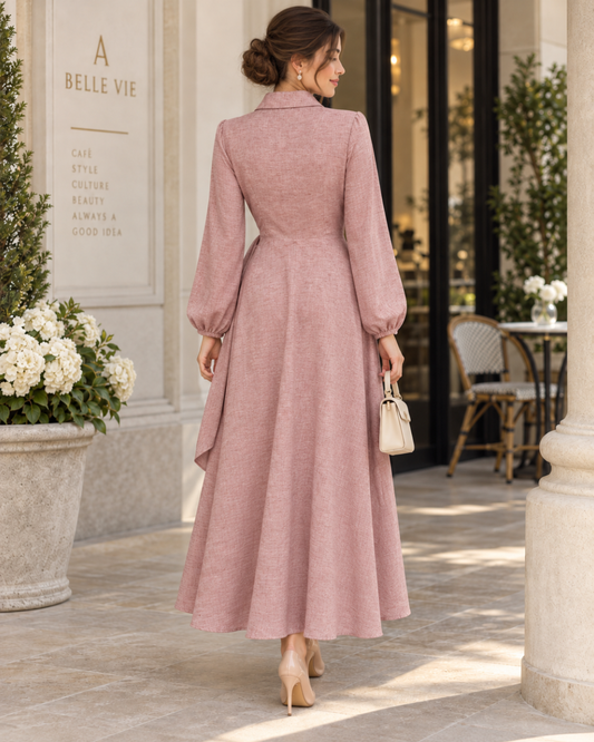 Élise Dusty-Rose Belted Linen Maxi Shirt Dress