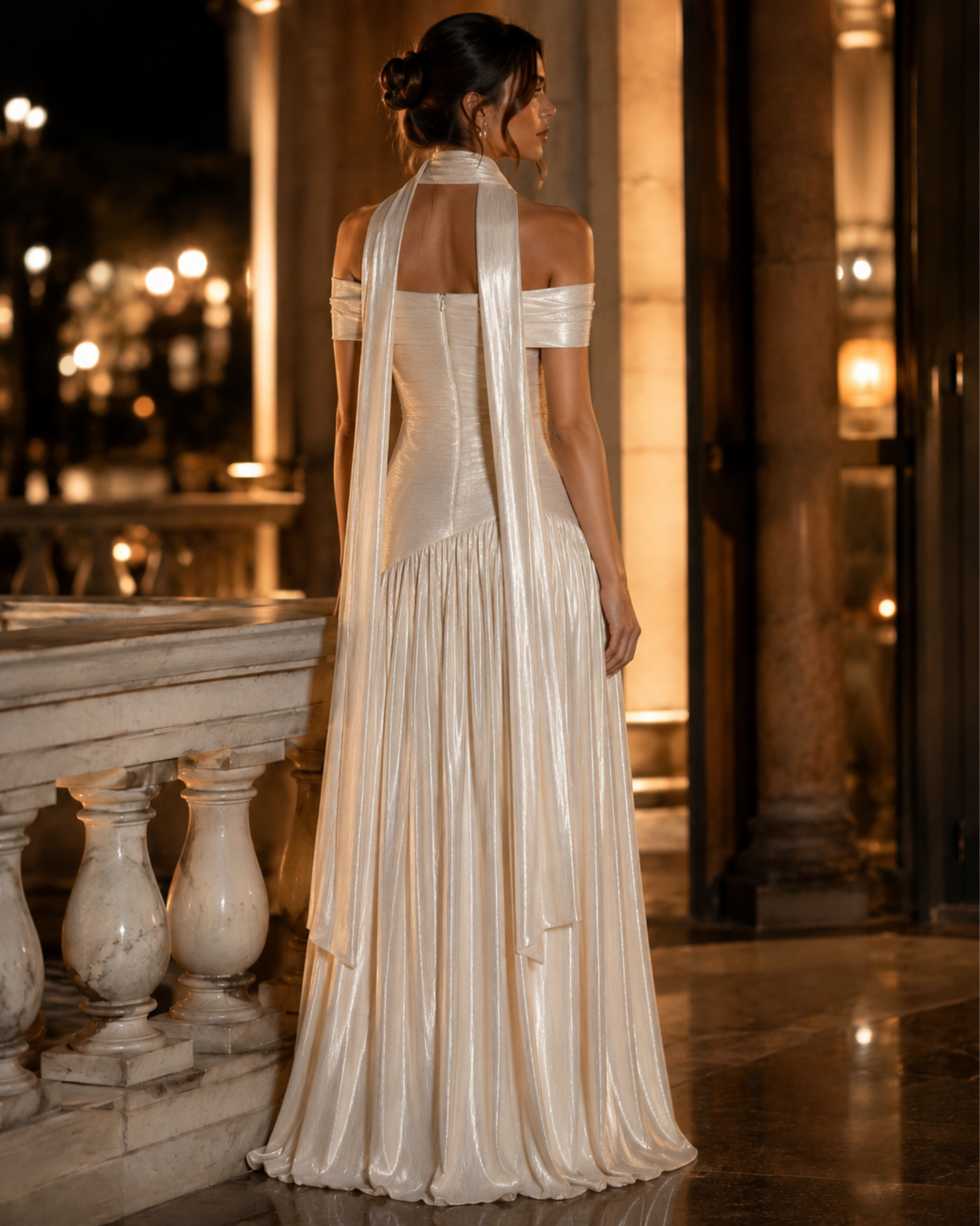 Aurelia Ivory Shimmer Off-Shoulder Maxi Dress