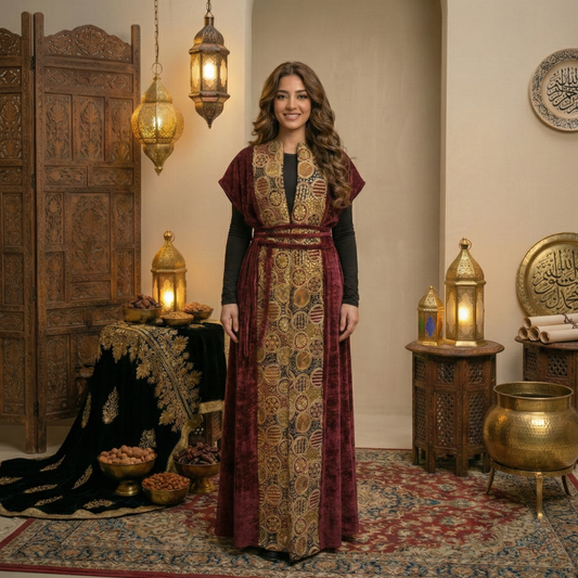 Woman in a patterned dress standing in a decorated room with lanterns and decorative items.