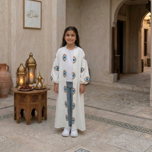 Young girl in a long white dress with blue patterns standing in a decorative indoor setting.