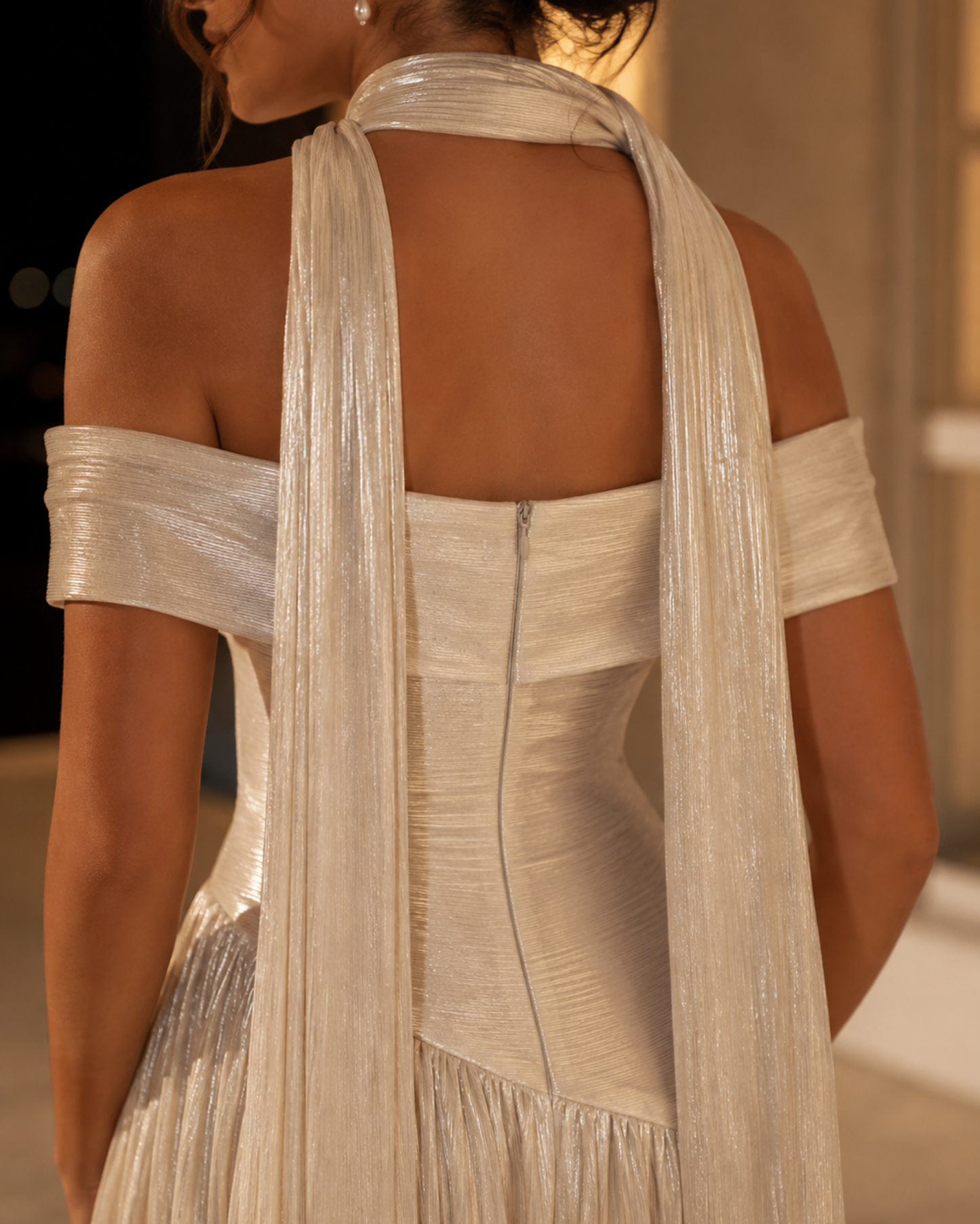 Aurelia Ivory Shimmer Off-Shoulder Maxi Dress