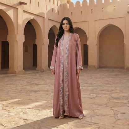 Woman in a pink dress standing in front of a historic building with arched walls.