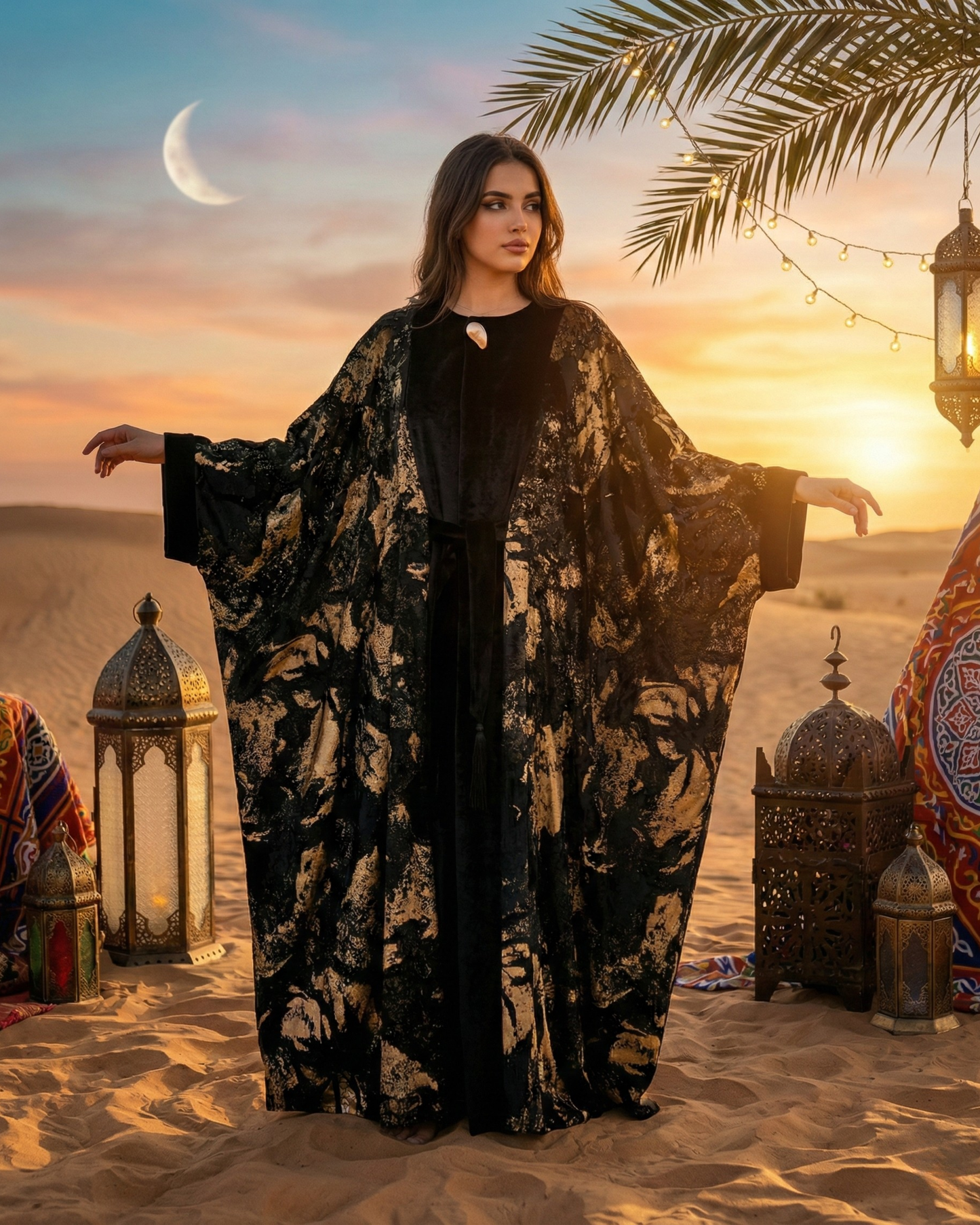 Golden Crescent Velvet Abaya