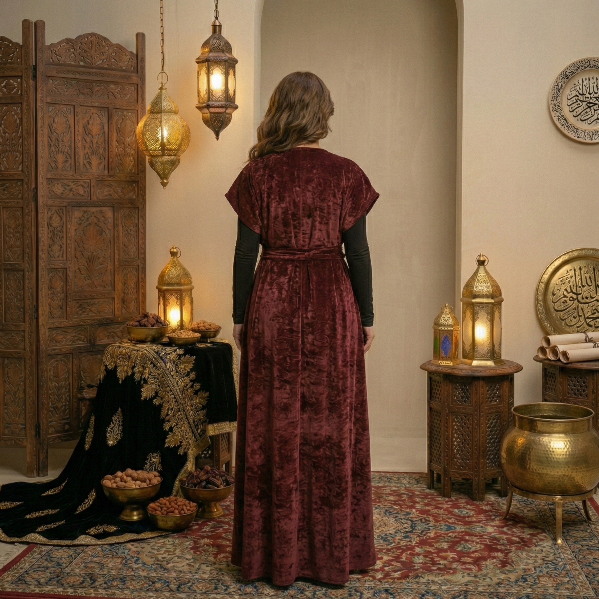 Woman in a burgundy dress standing in a room with decorative lanterns and a wooden door.