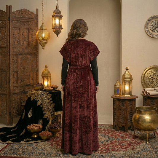 Woman in a burgundy dress standing in a room with decorative lanterns and a wooden door.