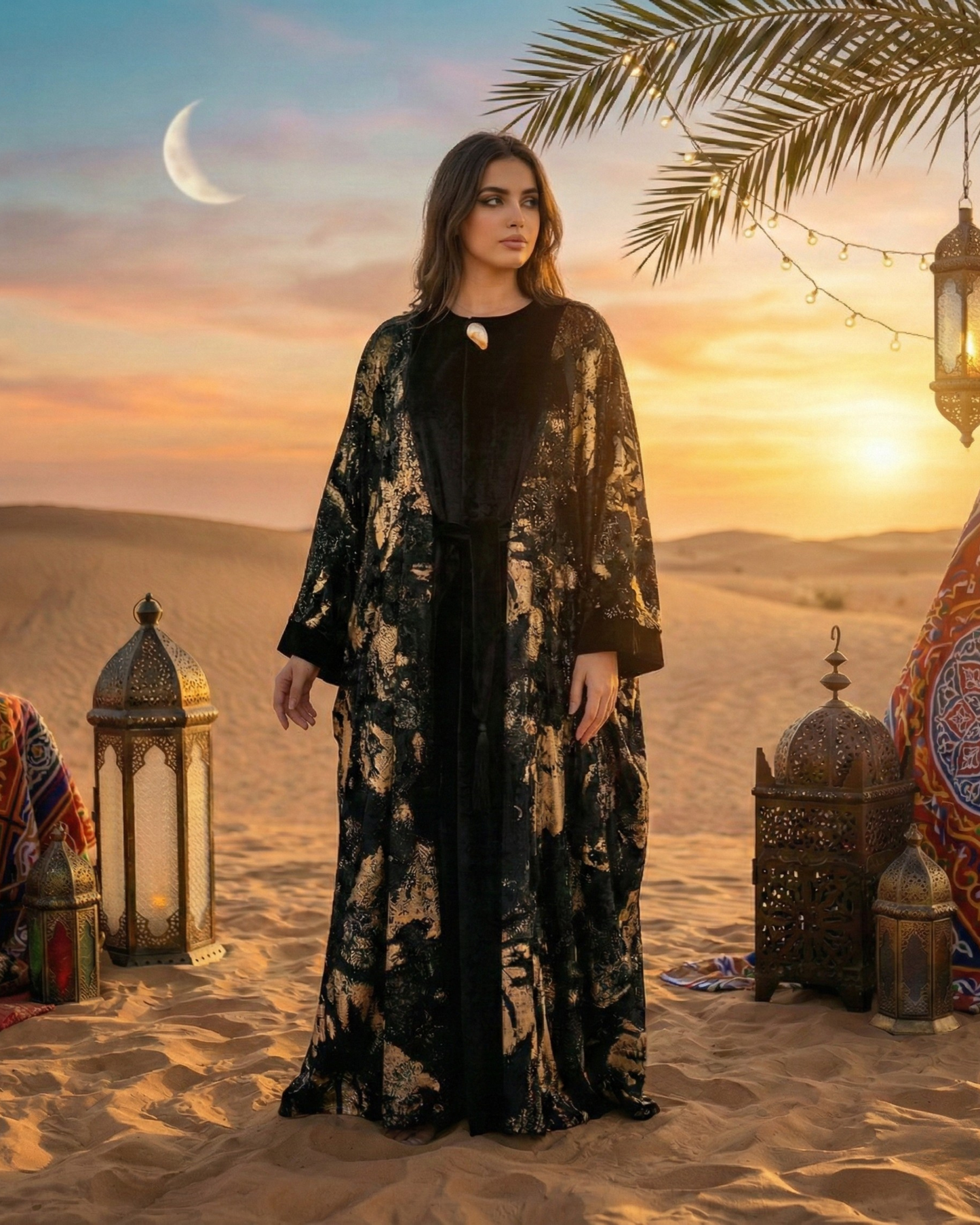 Golden Crescent Velvet Abaya