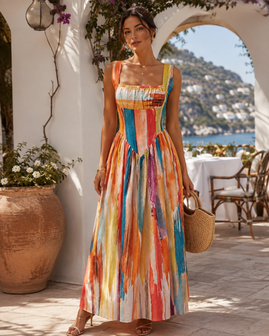 Soleil Multicolor Painterly-Stripe Corset Maxi Dress