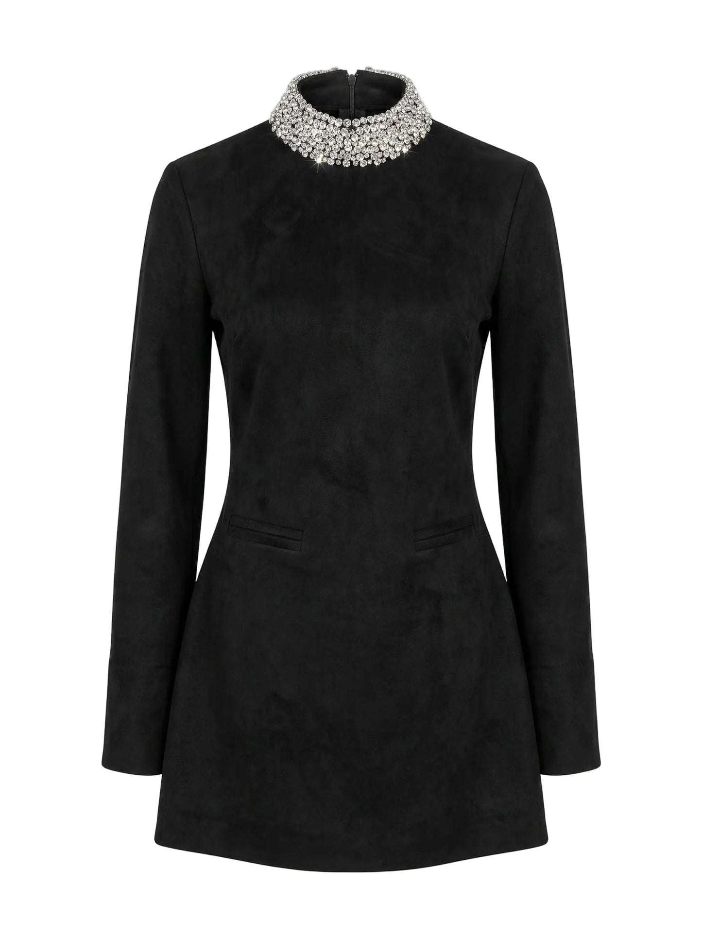 Black dress with a decorative collar on a white background