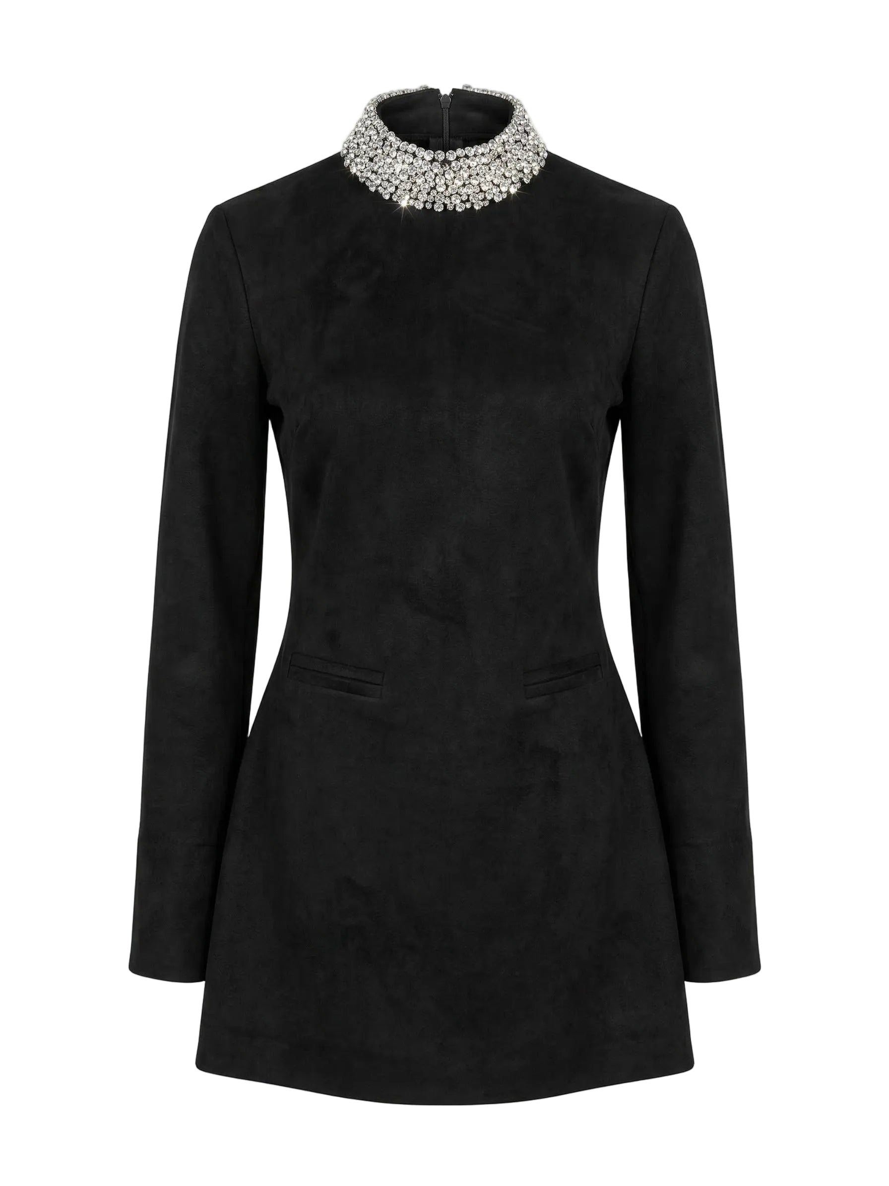 Black dress with a decorative collar on a white background