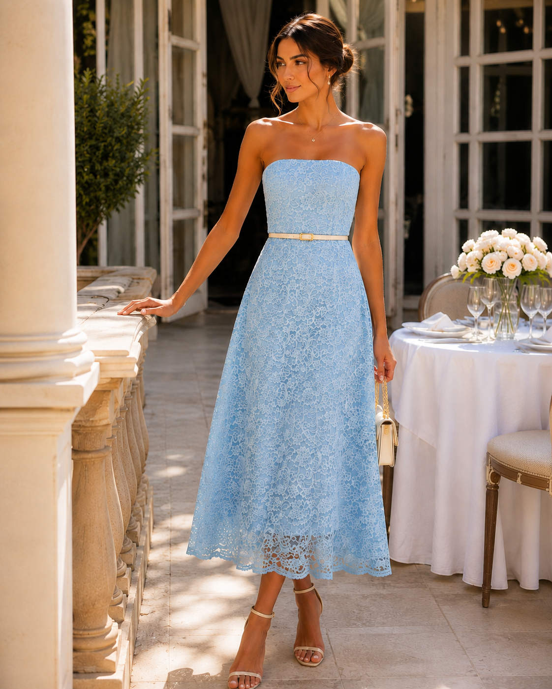 Élodie Sky-Blue Strapless Lace Maxi Dress
