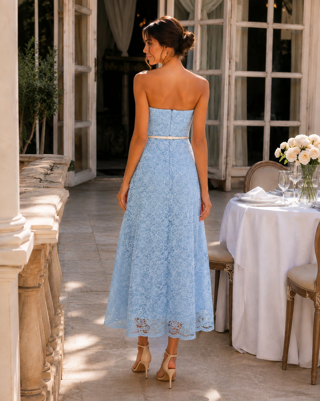 Élodie Sky-Blue Strapless Lace Maxi Dress