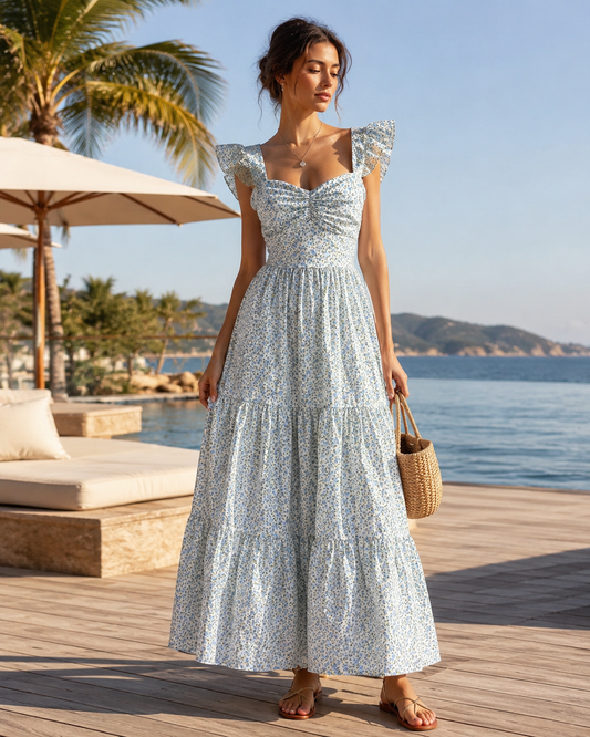 Celeste Blue Floral Ruffle-Strap Maxi Dress