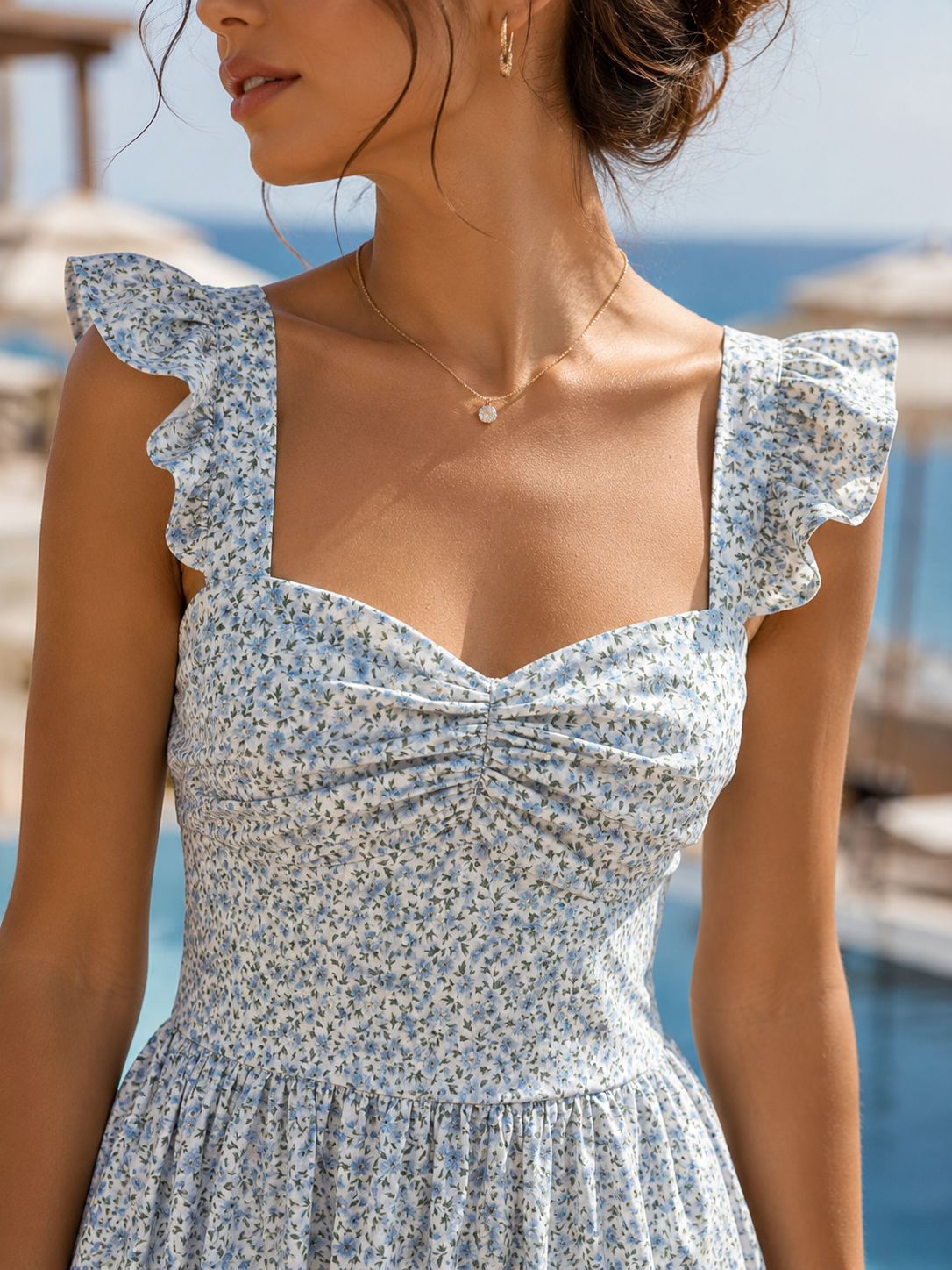 Celeste Blue Floral Ruffle-Strap Maxi Dress