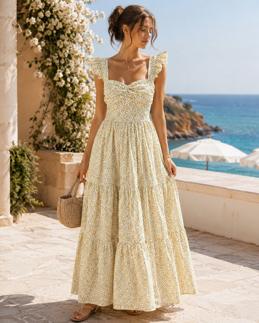 Daisy Yellow Floral Ruffle-Strap Maxi Dress