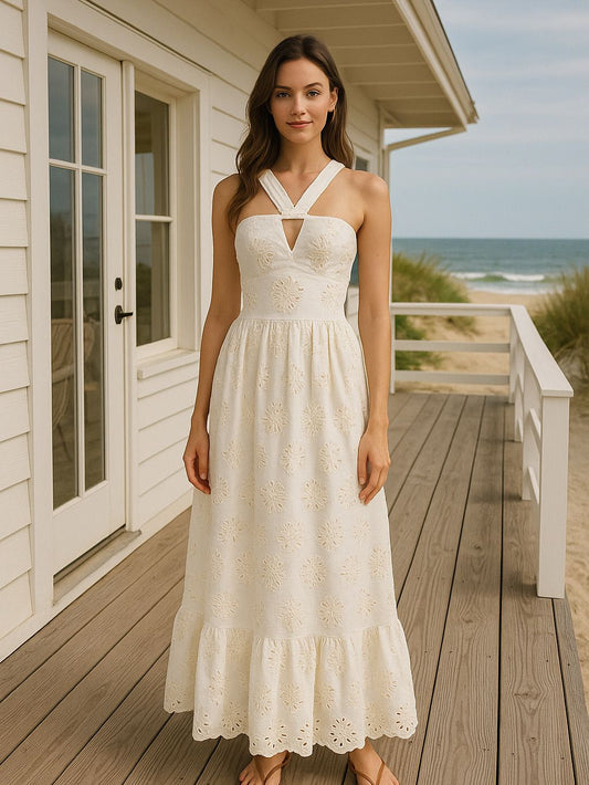 White Eyelet Halter Midi Dress