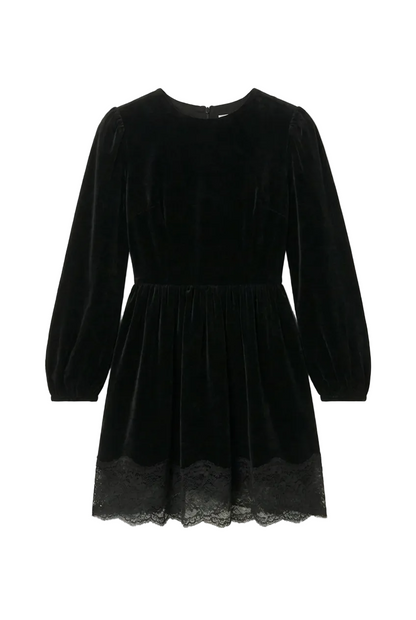 Black velvet dress with lace hem on a white background